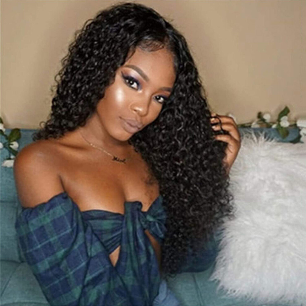 Unisex Black 24Inch Kinky Curly Brazilian Wig Virgin Hair Natural Color Tangle-Free