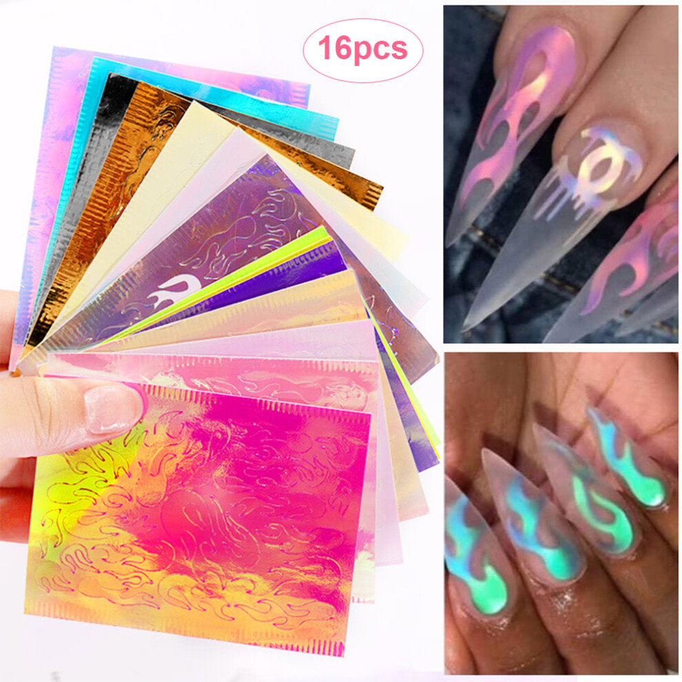 Exquisite Holographic Nail Art Stickers, 16PCS Self-Adhesive Reflective Mirror Shattered Glass Effect Foils for DIY Manicure, Long Lasting Highlight