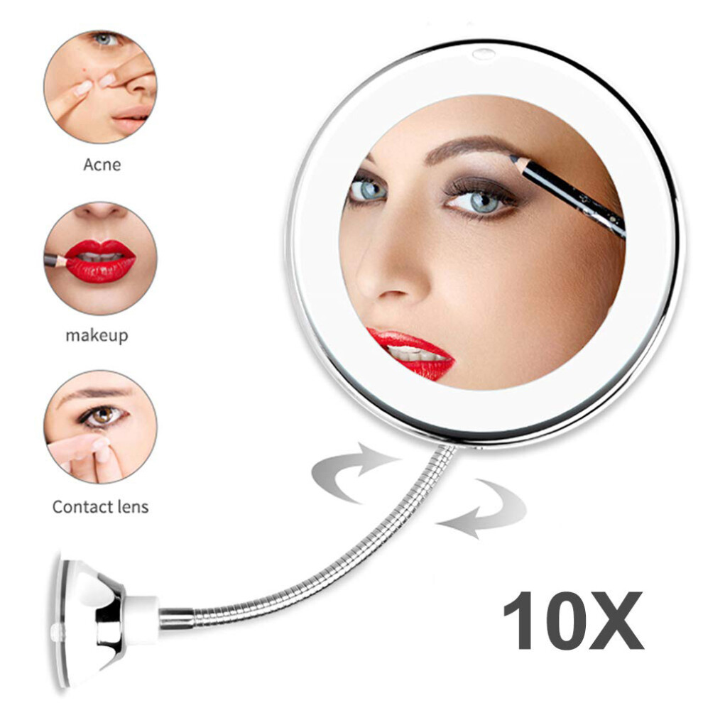 Cordless LED Lighted Makeup Mirror 10X Magnifying Vanity Bathroom with Flexible Gooseneck 360 Degree Swivel Rotation Adjustable Design Bright
