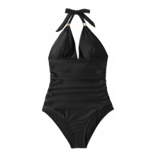 Push-up badpak uit één stuk voor dames, corrigerend badpak met halternek, plooien en open V-hals, inclusief uitneembare gewatteerde bh.