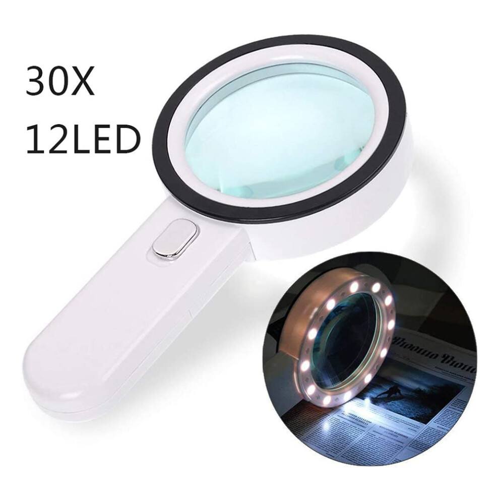 Handheld Magnifying Glass with 30X Magnification, Illuminated Lighted Magnifier Featuring Real Glass Lens and Ultra-bright LED Lights, High Power