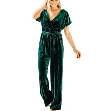 Tuta intera da donna in velluto, design con scollo a V e silhouette a gamba larga, elegante tutina a maniche corte in tinta unita, tuta intera