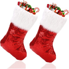 Meia de Natal luxuosa em veludo branco com punho de pele sintética, conceito personalizado de meia de Natal com elegância em lantejoulas vermelhas,