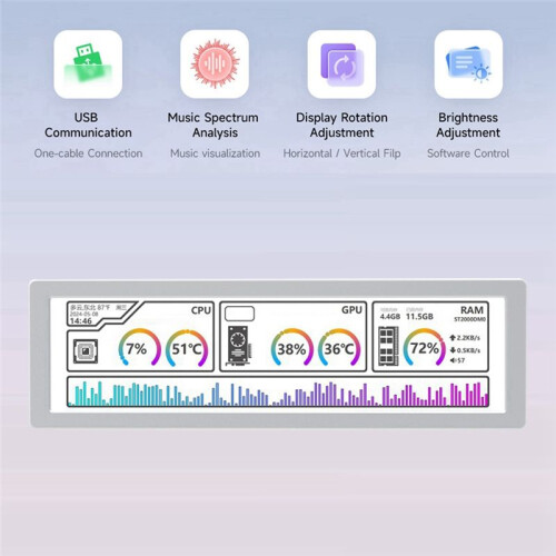 8.8 Inch USB Monitor 1920x480 PC Case Secondary Screen Desktop RGB Ambient Screen,IPS Panel, Type-C Interface Silver 2
