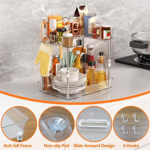 Double-Layer Rotating Rack Multi-Function Rotating Rack for Home Kitchen Height-Adjustable Rack with Hooks Two-Pack 2