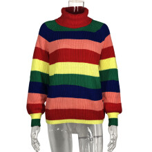 Locker geschnittener Pullover für Damen, modisch und elegant, gestrickt, Freizeitkleidung, schickes Oberteil mit Regenbogenstreifen und Rollkragen,