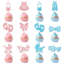 Kit com 24 toppers para cupcakes (menino ou menina) - Macacão brilhante, pegada e gravata borboleta para chá de bebê, aniversário infantil e