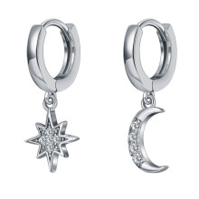 Asymmetric Star Moon Earrings, Earrings 925 Sterling Silver for Women Girls, Dangle Drop Earrings, Womens Moon Star Dangle Small Hoop Cubic