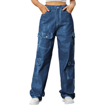 Cargobyxor med hög midja, baggy Y2K-fallskärmsbyxor i premiumdenimtyg, resår i midjan, vintage90-talsstil, vida ben med stora knäfickor