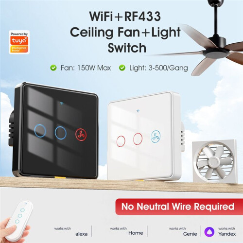 Interrupteur Mural Intelligent pour Ventilateur et Éclairage, Télécommande Bidirectionnelle RF433, Commande Vocale, Application Tuya , 1