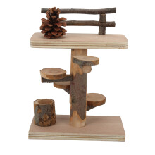 Aire de jeux en bois pour chinchillas, plateforme avec support à jouets, échelle et cachette. Matériaux naturels : bois fruitier, bois de