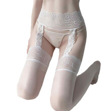 Dames witte kanten netpanty, dames jarretelpanty met kanten netpatroon, dijhoge kousen met bloemenprint