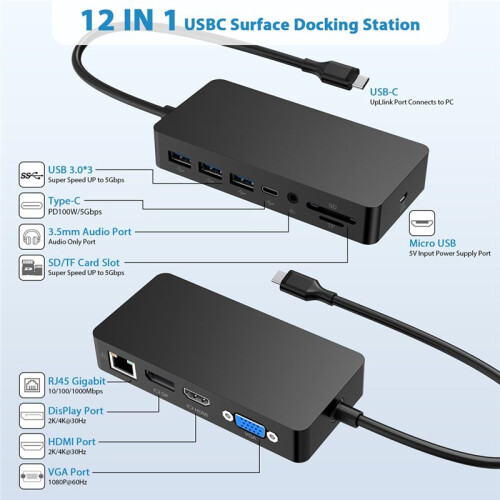 For Surface Pro7/8/9/X/11 Docking Station 12 in 1 Multi-Function Gigabit Network Port 100WPD Power Supply 1