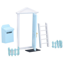Kleine hölzerne Puppenhaus-Tür, leuchtend blau, realistische Details, Maßstab 1:12