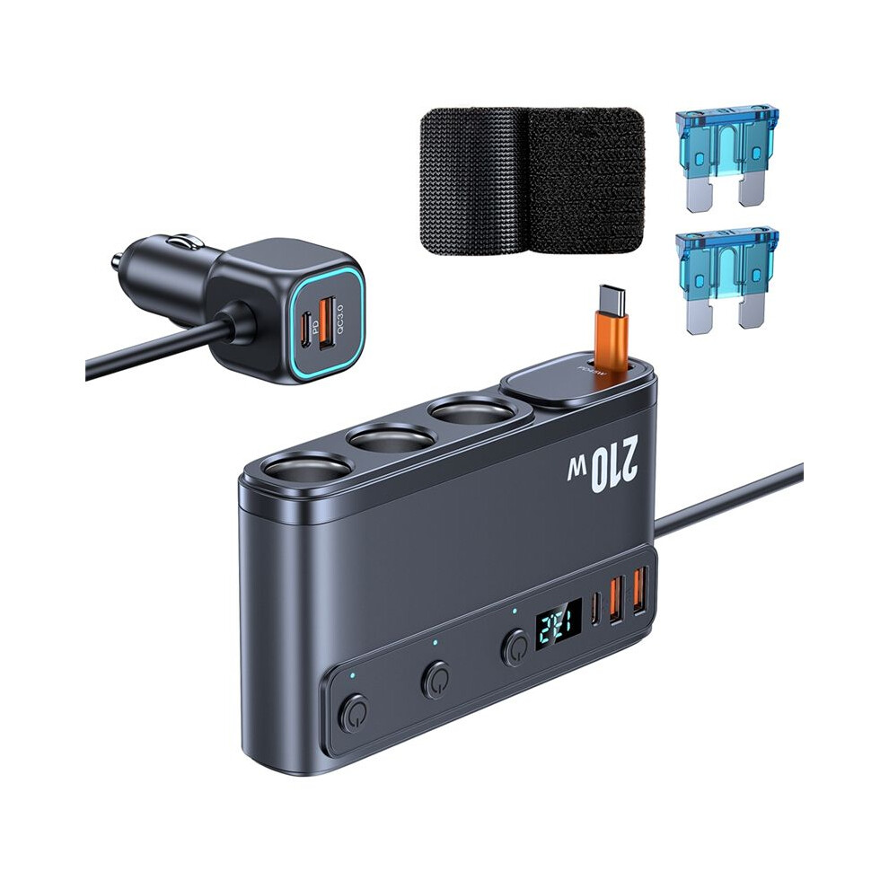 Cigarette Lighter Splitter 228W Usb C Car Charger Adapter Qc3.0 With Pd45w Telescopic Cable Led Voltage Display 12V/24V 4713277609864