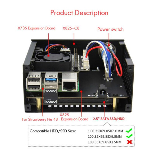 X825-C8 Case para Raspberry Pi 4B X825 2,5 Polegadas  Disco RíGido SSD Placa de Unidade com Ventoinha de Resfriamento + BotãO Interruptor 2