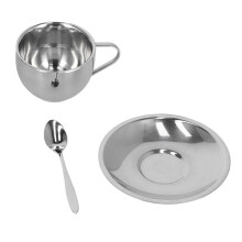 Conjunto de xícaras de café térmicas em aço inoxidável, canecas de metal com parede dupla, pires e colher, material durável para bebidas