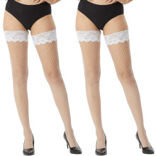 Paar netkousen voor dames, dijhoge sokken met kanten bovenkant, witte kousen met mesh, sexy kanten netkousen, witte netkousen