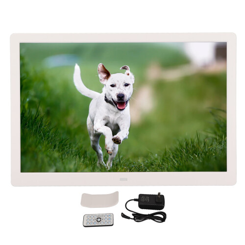 Moldura digital HD com tela LED de 15,4 polegadas e suporte para vídeo 1080p, ideal para decoração moderna de casa. Possui controle remoto e é