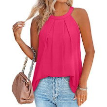 Canotta senza maniche da donna, elegante e casual, in tessuto traspirante, vestibilità ampia, scollo all'americana con design a pieghe e reggiseno