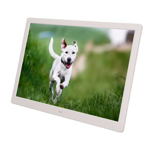 Moldura digital HD com tela LED de 15,4 polegadas e suporte para vídeo 1080p, ideal para decoração moderna de casa. Possui controle remoto e é 2