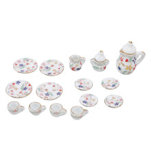 Miniature Tea Set for Dollhouse Kitchen, Porcelain Miniature Tea Set 15PCS Realistic Scale Design with Removable Lids, Classic Kitchen Accessories