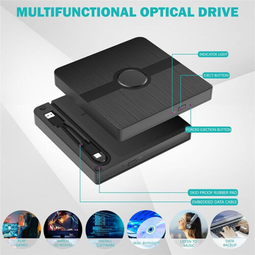 External Blu Ray Drive,CD/DVD Burner Player with Read/Write Capability Portable Blu-Ray Player for PC Laptop Win10 1