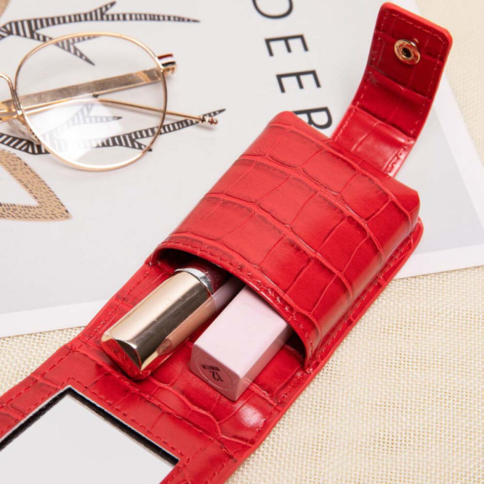 Red/Black Portable Pu Lipstick Case With Mirror, Holds 3 Lipsticks, 9.5X7x3cm