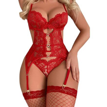 Sheer Floral Lace Bodysuit, Underwired Strappy Lingerie Set with Front Closure Push Up Bra, Deep V Cut Out Back Design, Adjustable Straps Elastic