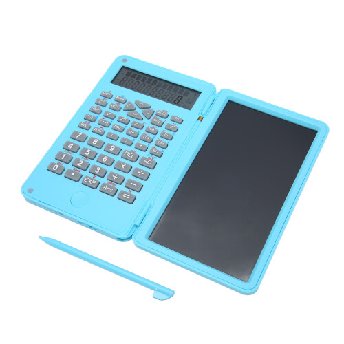 Calcolatrice compatta azzurra con schermo LCD da 6 pollici e blocco note