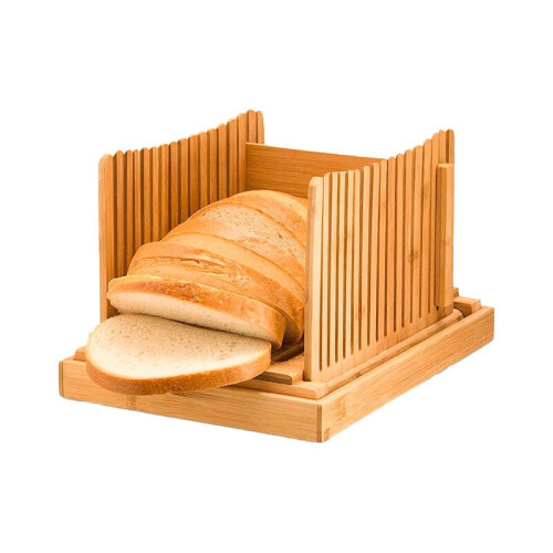 Bamboo Bread Slicer for Homemade Loaf, Three Slice Thickness Options with Adjustable Width, Foldable and Compact Crumb Catcher Bread Cutting Guide,