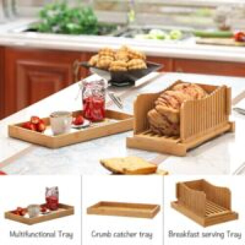 Bamboo Bread Slicer for Homemade Loaf, Three Slice Thickness Options with Adjustable Width, Foldable and Compact Crumb Catcher Bread Cutting Guide, 2