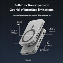 BLUEENDLESS USB-C Docking Station Magnetic 10Gbps M.2 NVMe SSD Enclosure with Cooling Fan PD100W USB3.2 SD3.0/TF3.0