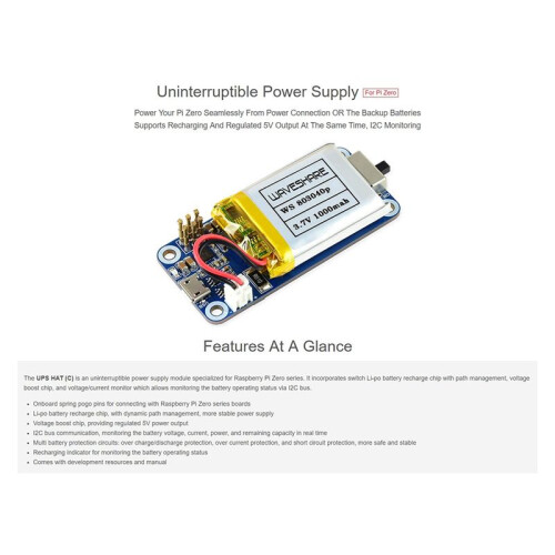 Waveshare Uninterruptible Power Supply UPS HAT for Raspberry Pi Zero Series(Pinheader Should Be Soldered),Stable 5V Power Output 1