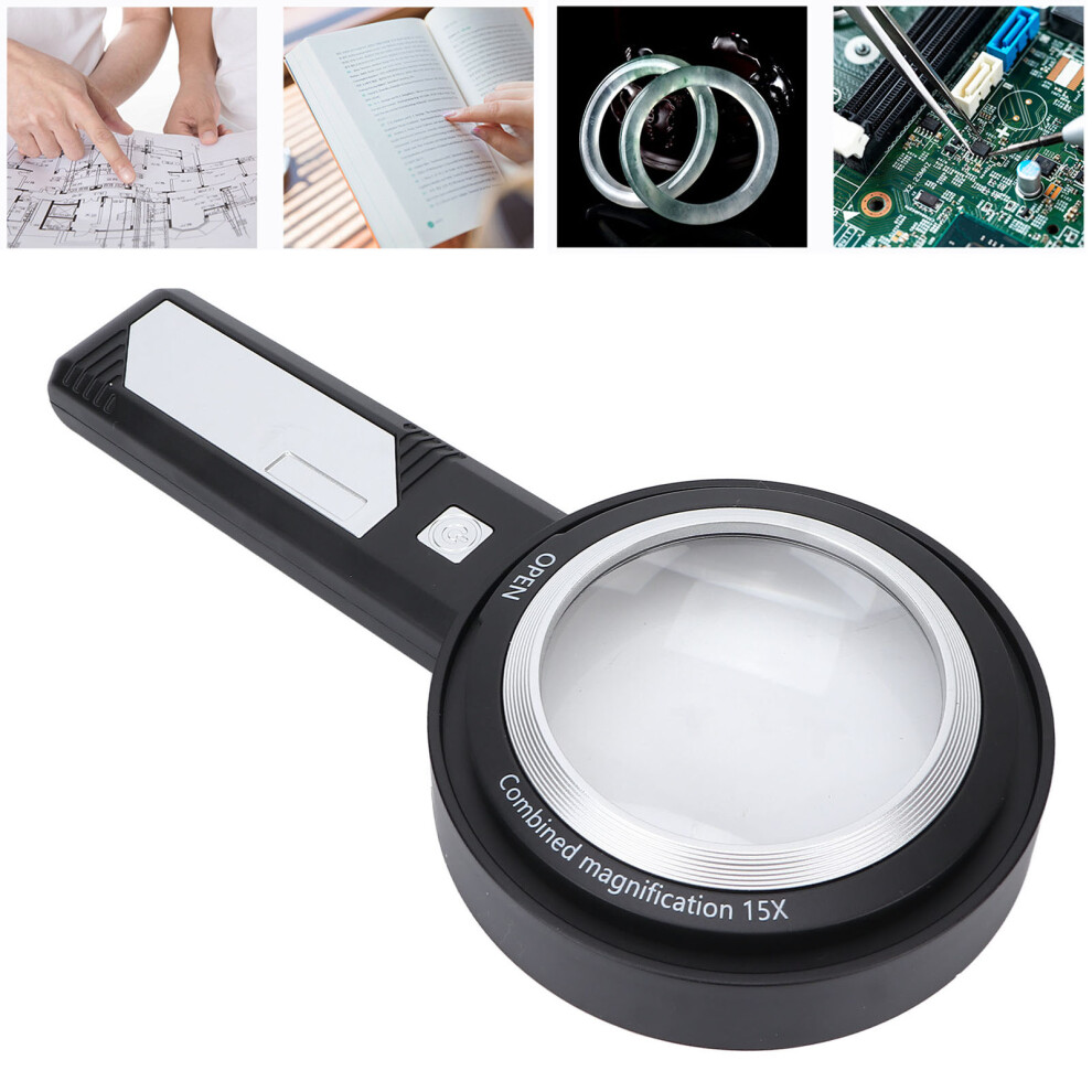 Handheld Magnifier 6X/15X with 6 LED Lights for Seniors Reading