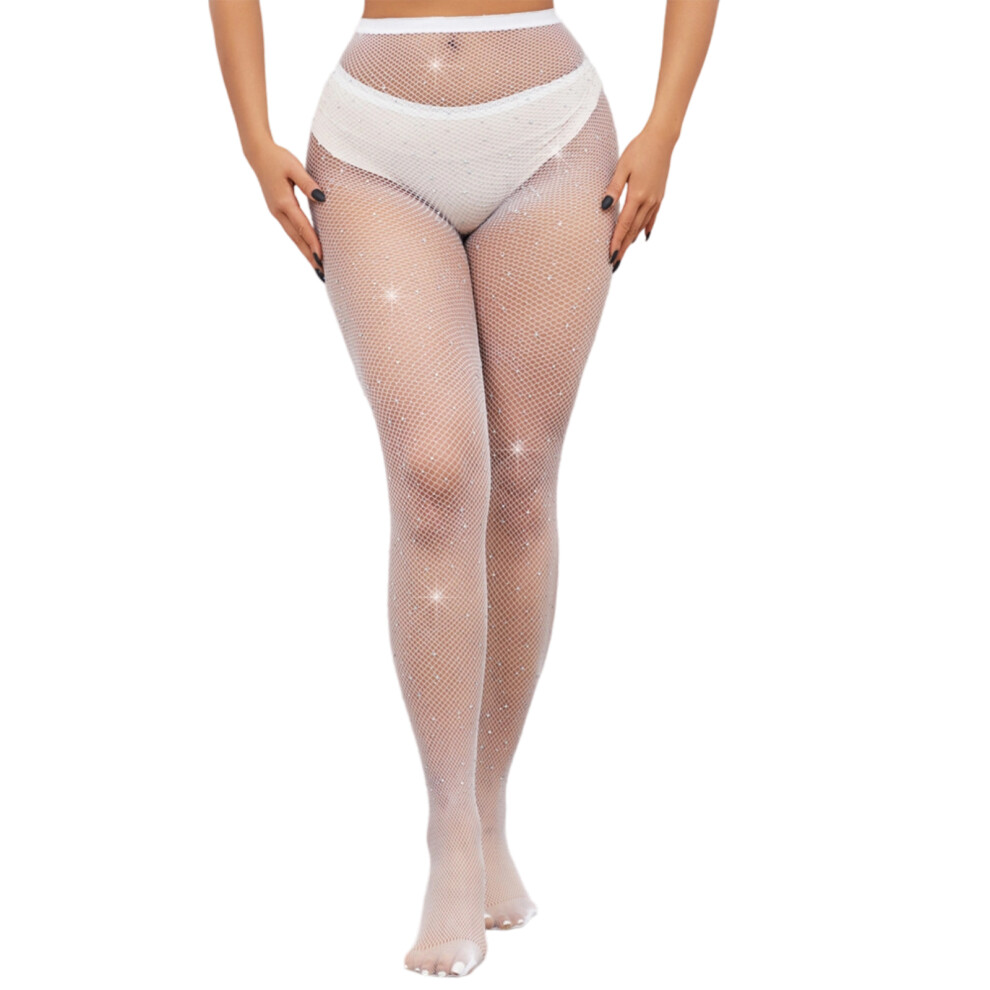 White Women's Fishnet Stockings, Fishnet Tights, Rhinestone Leggings, Shiny Fishnet Pants, High Waist Pantyhose, Sexy Shiny Fishnet Stockings,