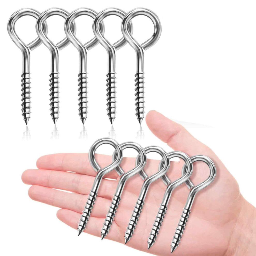 10 Pcs Eye Hooks Screw,Heavy Duty Screw In Eye Hooks 65Mm,Stainless Steel Heavy Duty Eye Bolts Screw In,Rust And Corrosion Resistant,Silver 9448196651759
