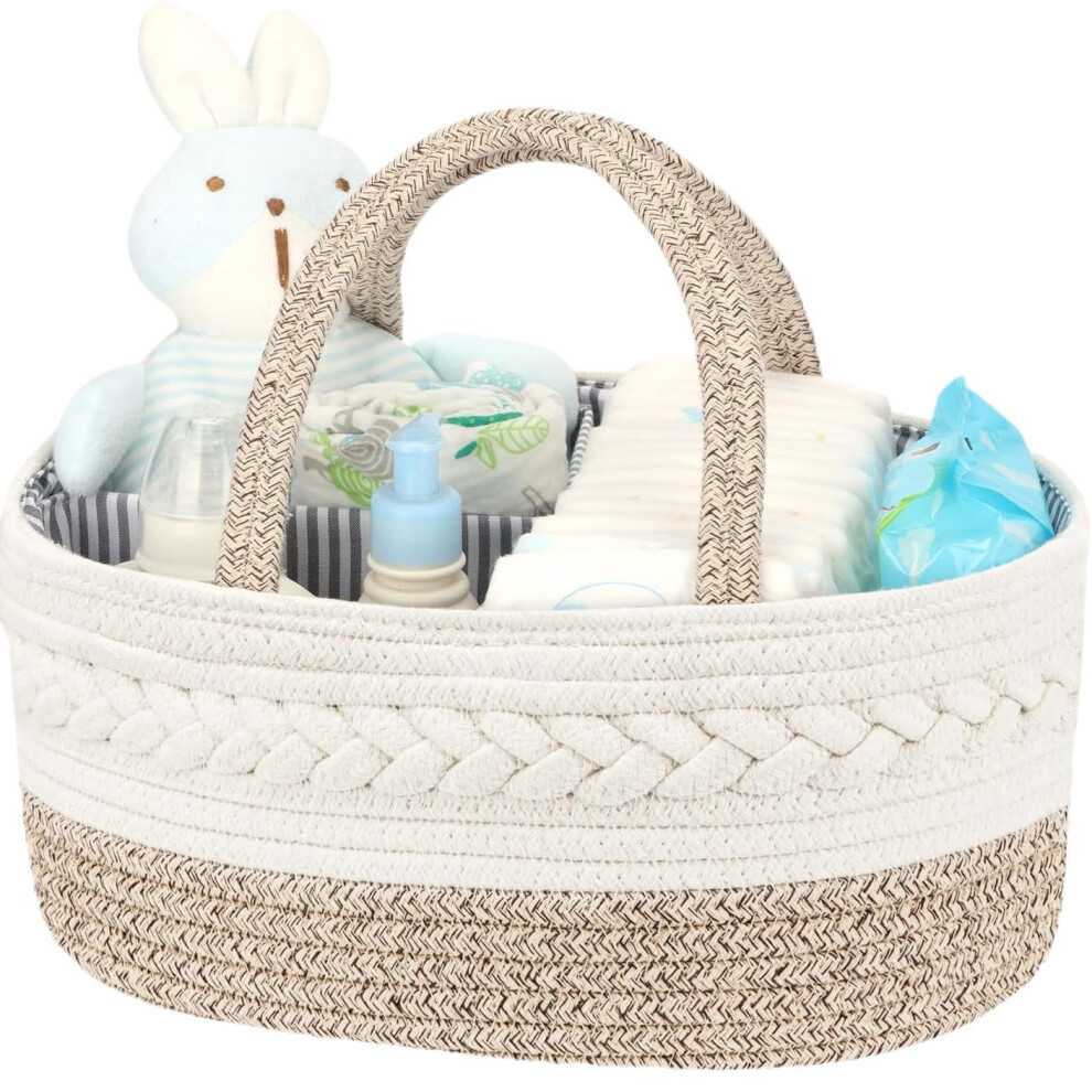 Diaper Caddy Organizer Cotton Rope Nursery Basket With Handle For Changing Table, Portable Car Tote, Khaki