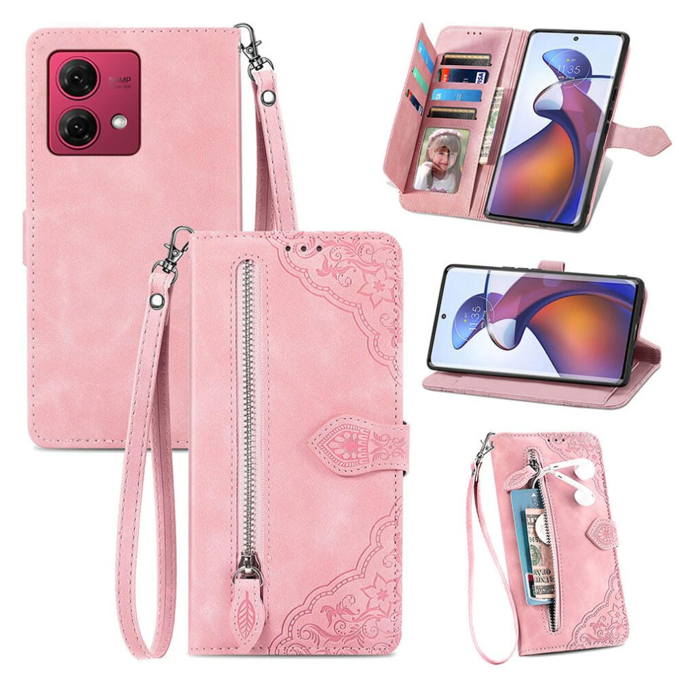 Moto G84 5G Phone Case With Zipper Wallet, Card Slots, /Tpu Protection, Allround Embossed Skin Feel Pink 9187378485323
