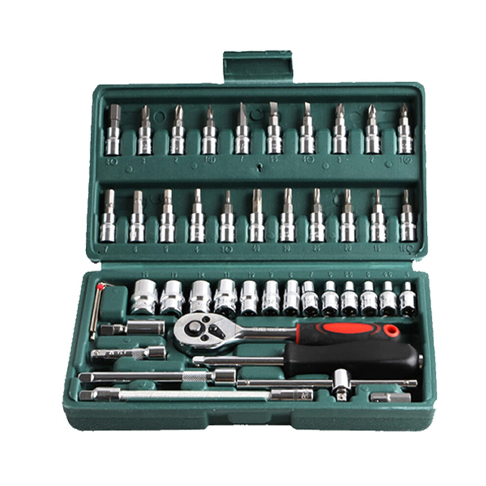 Hanzete 46Pcs Ratchet Wrench Socket Tools Set, 1/4Inch Drive, Screwdriver Kit, Storage Case, Green Toolbox 9187378489192