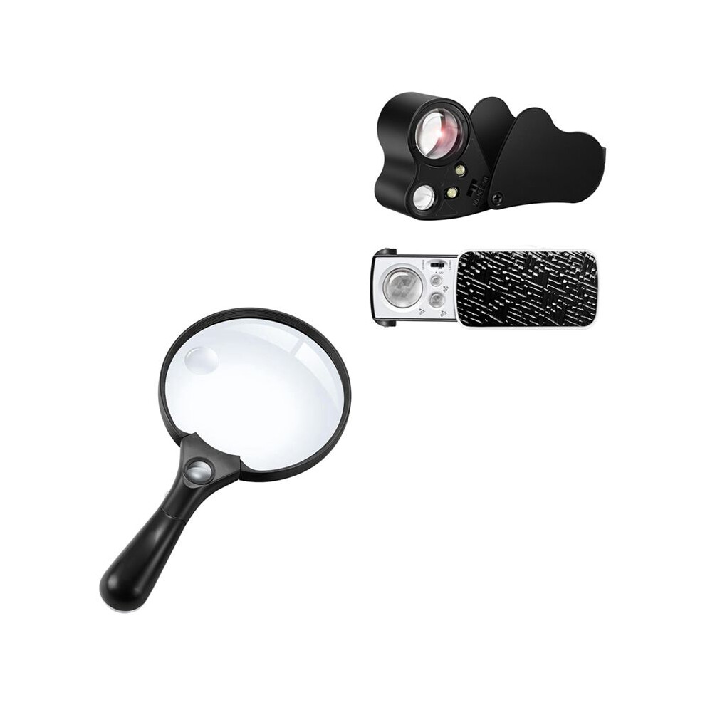 2 Pack 30X 60X 90X Jewelers Loupe Bundle with 10X 20X 45X Large Magnifying Glass with Light for Seniors Reading