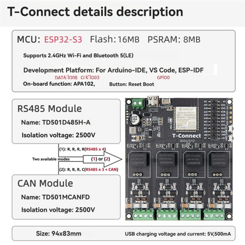 T-Connect ESP32-S3 Industrial Control Development Board RS485 Module WiFi  Low Power Wireless Modules 1