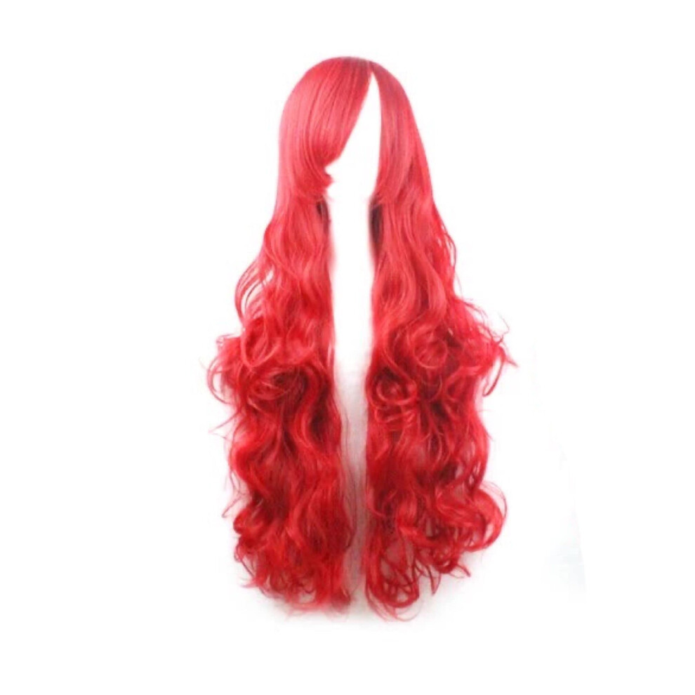 Unisex Red Long Curly End Evil Devil Wig For Women Bright Cherry Synthetic Halloween Cosplay Wig Adult Size Hairpiece