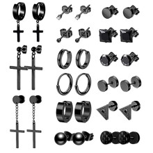 15 Pairs Black Stud Earrings Mens Earrings Hoop Stainless Steel Earrings Set