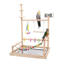 Bird Perch Wood Stand Toy Parrots Playstand with Feeding Cups Ladder Chew Toy