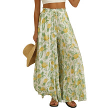 Pantaloni da donna a gamba larga con tasche, pantaloni palazzo fluidi in materiale leggero e traspirante, pantaloni da casa a vita alta in tessuto