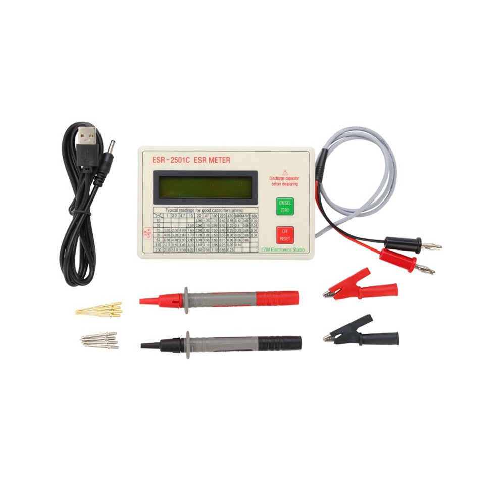 New Esr2501c Capacitor Esr Dcr Tester Test In Circuit Capacitance Meter With Test Leads Clip Battery 6031252802443