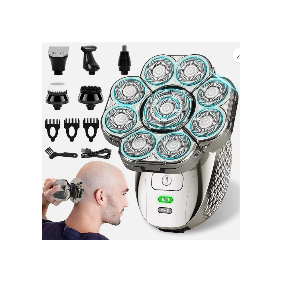 Head Shaver for Men, Grooming Kit 6 in 1 with 9D Rotating Floating Razor Head, Rechargeable Electric Shaver for Wet Dry Shaving, Double Layer Blades
