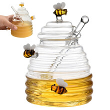 Glass Honey Jar with Dipper and Lid, 500ml Bee Design Honey Pot for Mess Drizzling
