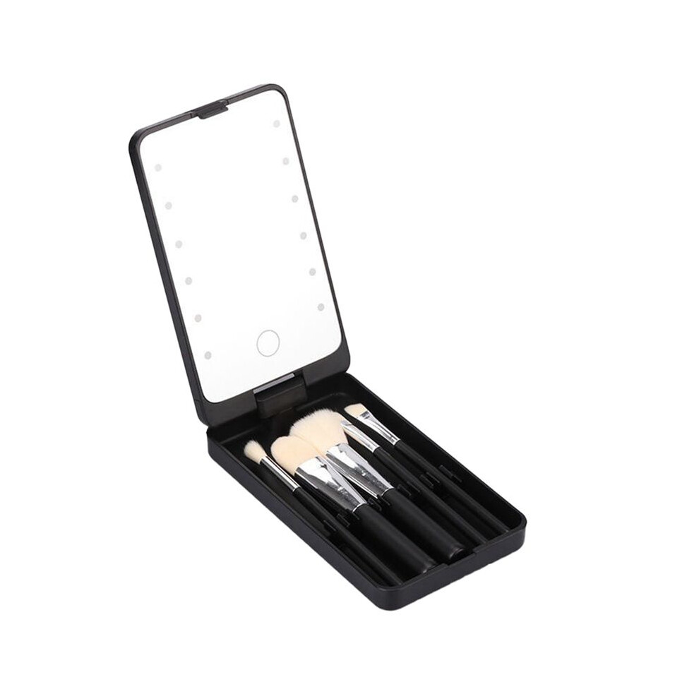Black Mirror Portable Makeup Mirror With 5 Brushes Storage Box Led Touch Portable One-Face Storage Box Makeup Mirror